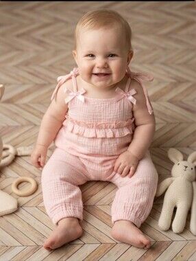 Baby Girl Muslin Cotton Romper Jumpsuit Sleeveless Light Pink Boho Ruffle Outfit